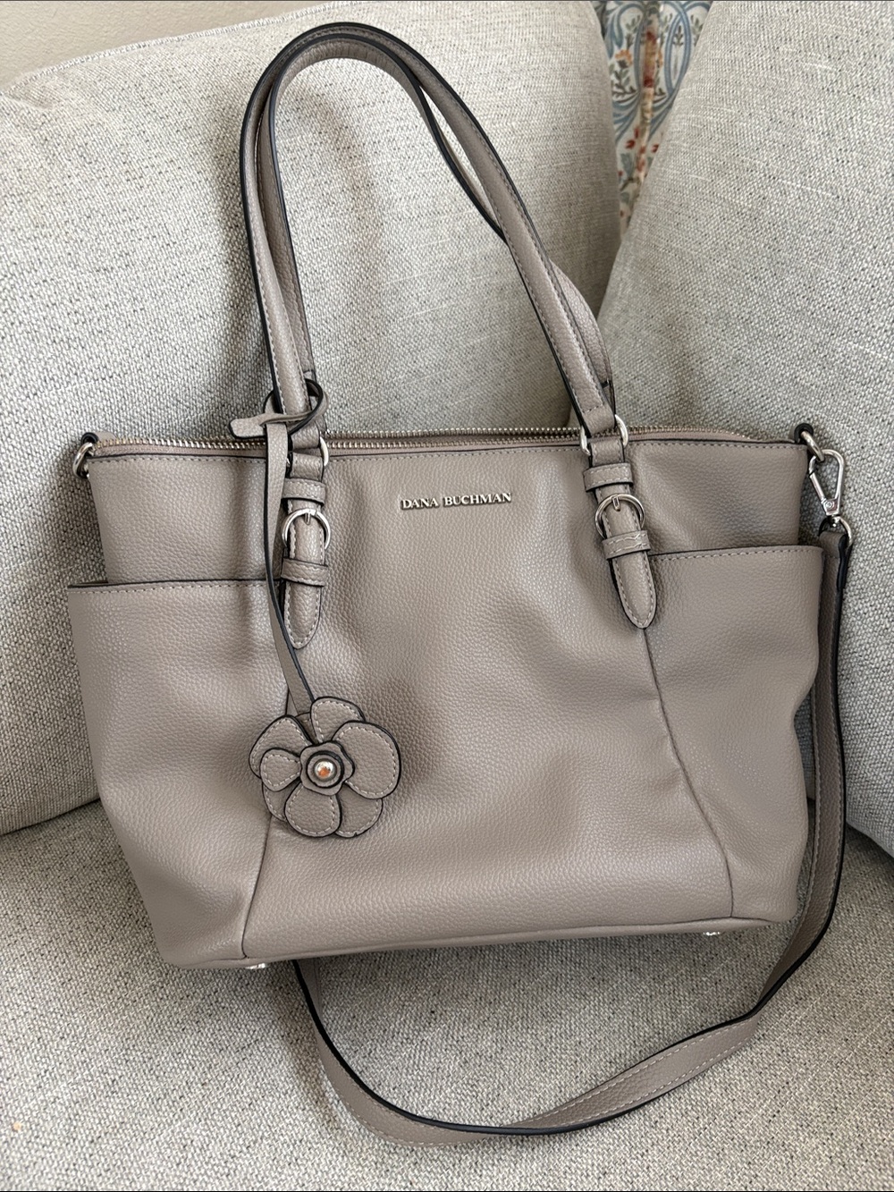 Dana Buchman Taupe Leather Shoulder Tote with Flower Charm